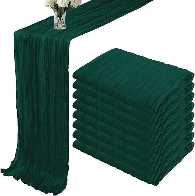 8 Pack 10 ft Dark Green Christmas Cheesecloth Table Runner 35x120 Inches Boho Gauze Rustic Cheese Cloth Runners Long Romantic Sheer Table Runner for Wedding Bridal Shower Party Decoration