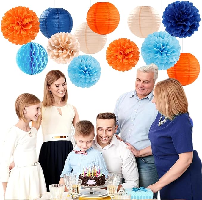Navy-Blue Orange Champagne Party-Decorations Paper-Flowers - 15pcs Fall Birthday Baby Bridal Shower Tissue Pom Poms Lanterns Streamers Honeycomb, Wedding Bachelorette Hanging Supplies Decor Hugfond