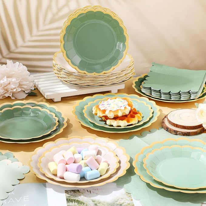 Zhehao 150 Pcs Sage Green Plates and Napkins Tableware Serves 50 Includes 9 Inch 7 Inch Green Scalloped Edges Paper Plate and Napkins for Wedding Birthday Baby Shower Party