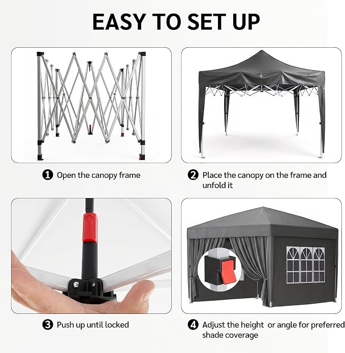 KIGOTY 10x10 FT Portable Pop Up Canopy Tent, Adjustable Height Instant Gazebo with Sidewalls, One-Push Setup Outdoor Canopy for Camping, Parties, Vendor Events (Grey, 3m × 3m)