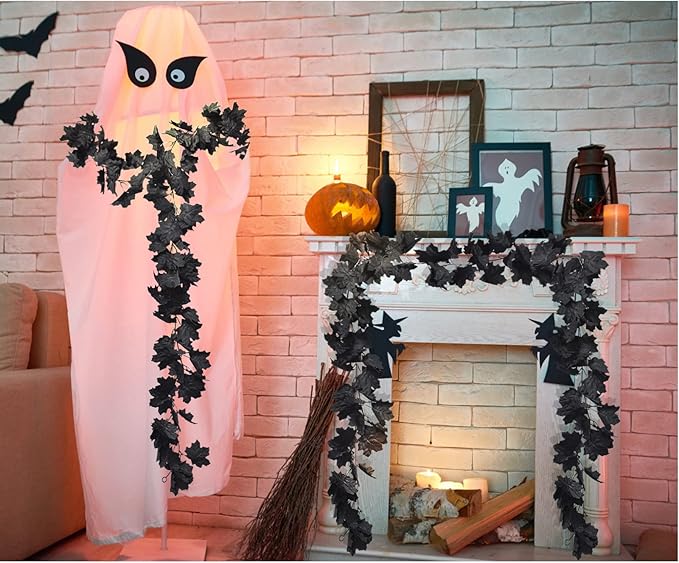 3 Pack Black Leaf Garland, Artificial Autumn Hanging Maple Leaves Vines Foliage Garland for Halloween Party Front Door Home Fireplace Decor (5.5Ft/Pack)