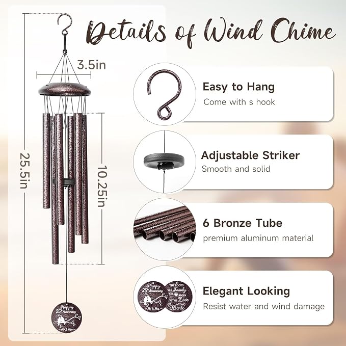 Anniversary Wind Chimes Gifts for Men Women, Happy Anniversary Decorations, 25" Wind Chimes Romantic Gift for Couple, Parents, Wife, Husband, Friends (25th