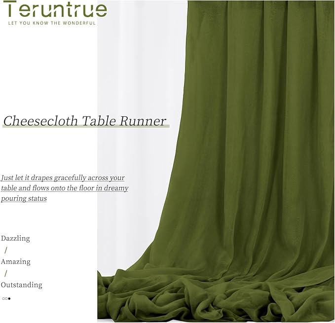 Teruntrue 24 Packs Olive Green Cheesecloth Table Runner,10ft Rustic Gauze Boho Wedding Table Runner Decoration, Wedding Table Decor Sheer Table Runner for Wedding Party Bridal Shower Table