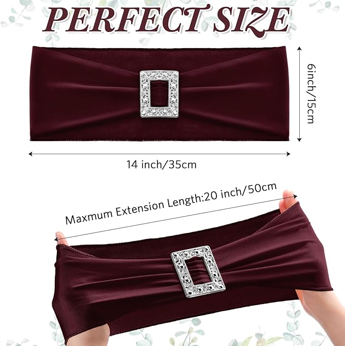 VitalCozy 150 Pcs Spandex Chair Sashes with Square Buckle Slider Stretch Chair Cover Band Universal Elastic Ties Straps Bows for Wedding Banquet Event Party Decoration(Burgundy)