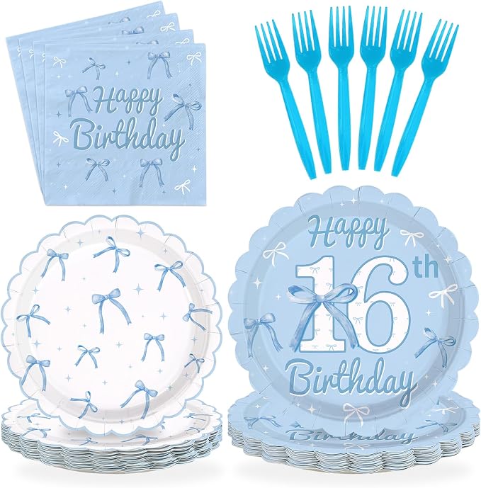 96Pcs Blue White Bow 16th Birthday Decorations for Girls Serves 24