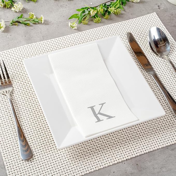 Luxenap 15.8 X 7.9 Inch Linen-Feel Guest Towels, 50 Lettered Hand Towels - Silver Letter 'K', Sans Serif Font, White Paper Dinner Napkins, airlaid, For Restrooms And Tables - Restaurantware