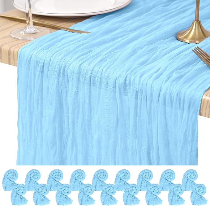 18 Pack Cheesecloth Table Runner Light Blue 10Ft Rustic Boho Gauze Table Runner Romantic Long Sheer Fabric Cheesecloth Table Runner for Wedding Festival Birthday Anniversary Dinner Outdoor Events