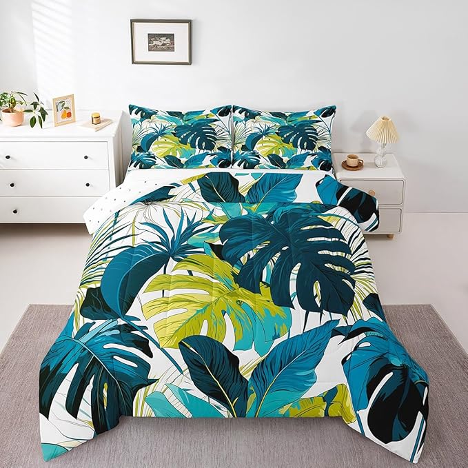 jejeloiu Palm Leaf Comforter Set Full Size Kids Tropical Leaves Bedding Set for Boys Girls Summer Boho Botanical Branches Nature Theme Duvet Quilt Room Decor