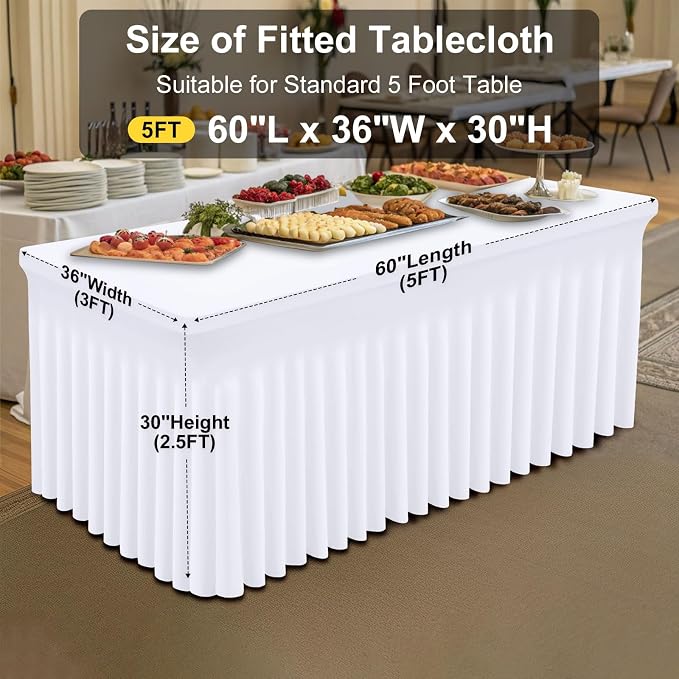 Smiry Spandex Tablecloth, Elastic Fitted Stretch Tablecloth for 5FT Rectangle Tables, Waterproof Washable Table Cover Skirt for Outdoor, Wedding, Banquet & Parties (White, 60Lx36Wx30H Inch)