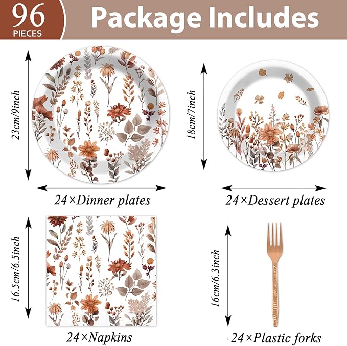 Fall Floral Plates and Napkins for Wildflower Party Supplies Watercolor Fall Floral Dessert Plates Autumn flower Tableware Set for 24 Guests Birthday Baby Shower Wedding Party Decorations