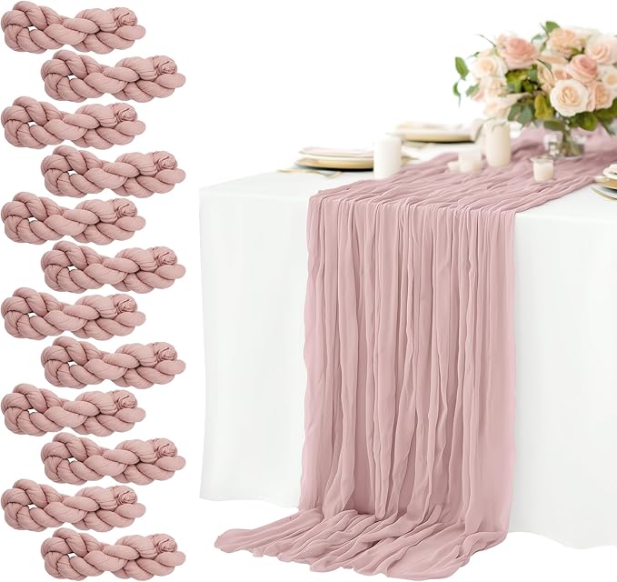 12 Pack Dusty Pink Cheesecloth Table Runners 10FT Long – 35 x 120 Inch Boho Gauze Table Runners for Engagement, Wedding, Baby Shower & Home Decor – Soft Wrinkled Polyester Fabric