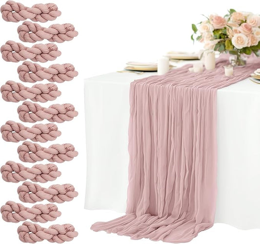 12 Pack Dusty Pink Cheesecloth Table Runners 10FT Long – 35 x 120 Inch Boho Gauze Table Runners for Engagement, Wedding, Baby Shower & Home Decor – Soft Wrinkled Polyester Fabric