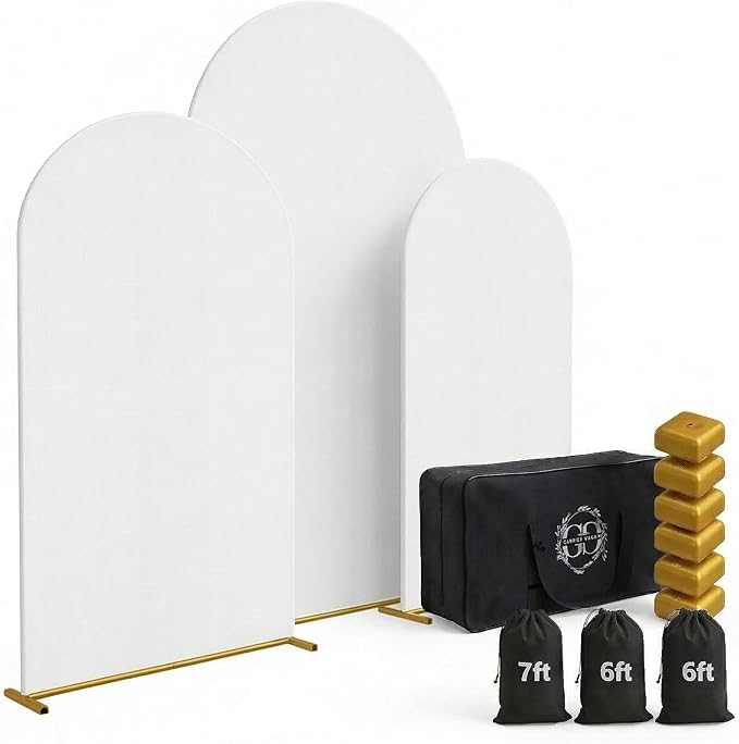Metal Arch Backdrop Stand and Cover Set – 3 Gold Frames (7.2ft, 6ft x2) with White Wrinkle-Free Spandex Covers, Water Weights, Bags & Case – Wedding, Birthday, Baby Shower, Party Decor