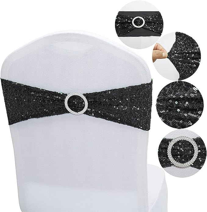 Dimatic 10 PCS Stretch Sequin Chair Sashes Chair Stretchy Spandex Bands for Wedding Reception Events Banquets Chairs Decoration (Black)