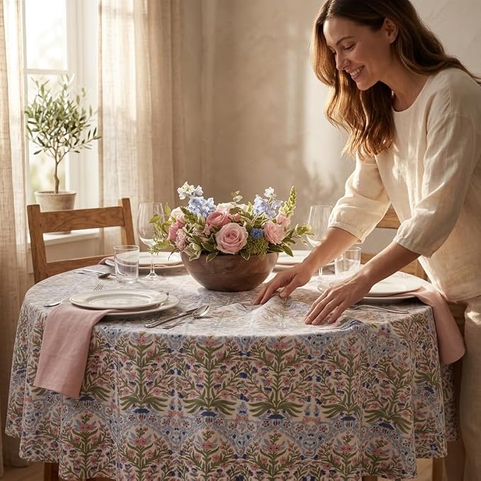 ATOSII Cotton Tablecloth 90" Inches Round Nargis Light Blue