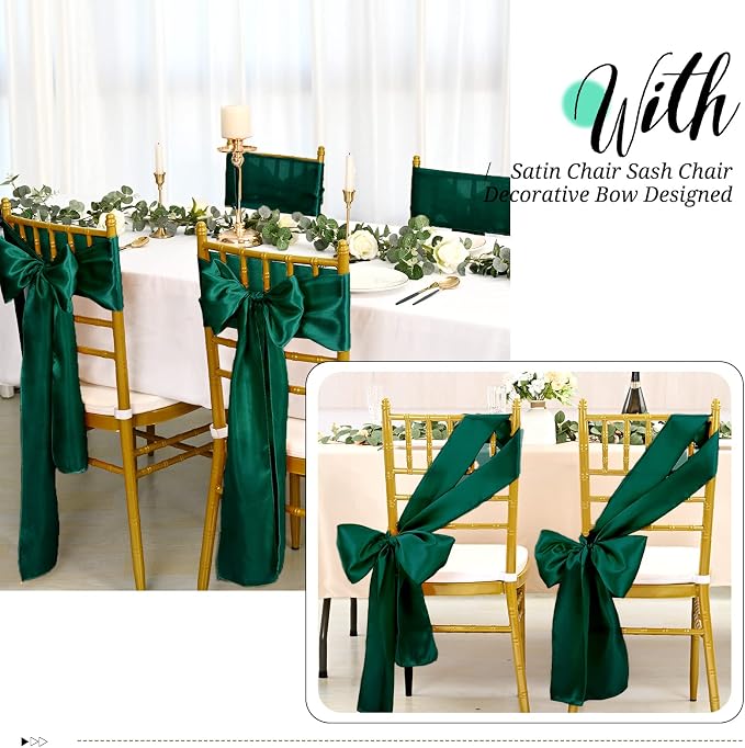 Pesonlook 120 PCS Forest Green Satin Chair Sashes Bows,Satin Chair Sashes Universal Chair Cover for Wedding Reception Restaurant Event Decoration Banquet,Party,Hotel Event Decorations (7 x 108 inch)
