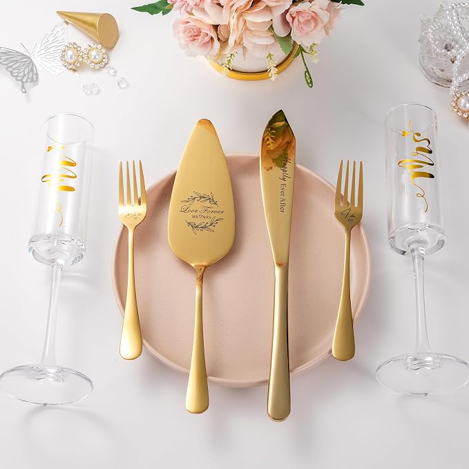 Wedding Cake Knife and Server Set, Mr and Mrs Champagne Flutes Glasses & Forks with Wooden Box, Gold Cake Cutting Set for Wedding Engagement Bridal Shower Gifts