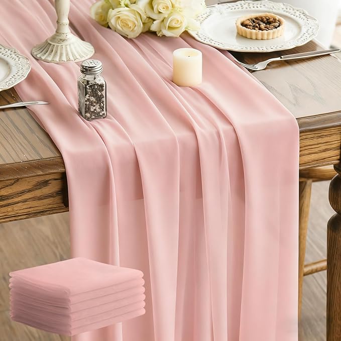 6 Pack 10Ft Blush Pink Sheer Chiffon Table Runner 35x120 Inches for Home Dining Birthday Party Table Decor