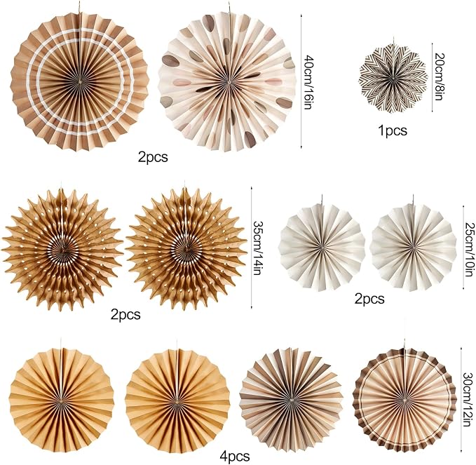 SUNBEAUTY 11 PCS Paper Fans Decorations Brown Party Decorations Natural Party Decorations Rustic Birthday Decorations Boho Party Decorations for Birthday Wedding Bridal Shower Baby Shower