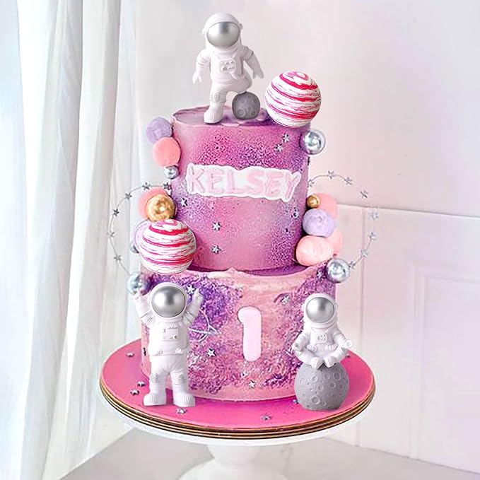 LaVenty Pink Space Cake Toppers Outer Space Astronaut Rocket Stars Cake Decorations for Birthday Party Supplies Baby Shower