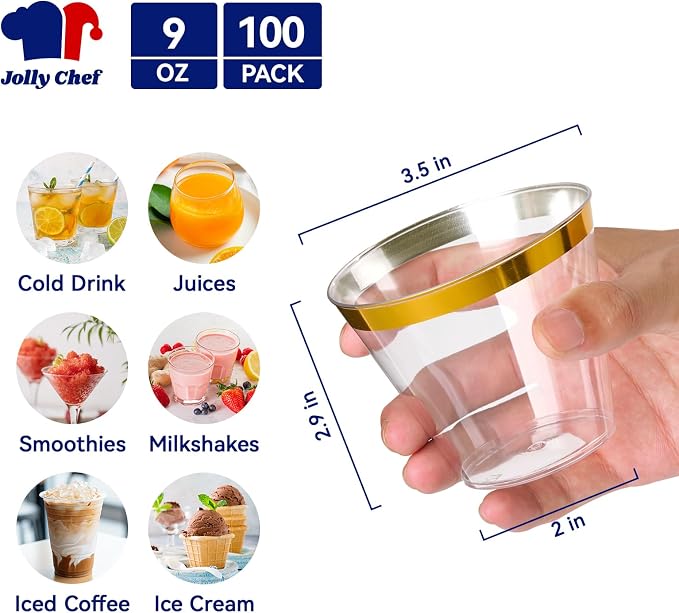 JOLLY CHEF 100 Pack Gold Plastic Cups, 9 oz Clear Plastic Tumblers, Elegant Gold Rimmed Cups, Disposable Glasses for Wedding, Thanksgiving Day, Christmas Party