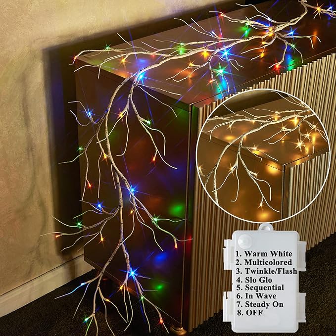 LITBLOOM Lighted Birch Garland Battery Operated with 8 Functions 48 Multi-Color and Warm White Lights, Pre-lit Twig Vine Lights 6FT for Home Bedroom Wall Mantle Decoration