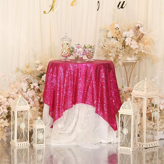 Eternal Beauty Hot Pink Tablecloth, 50x50 Inch Sequin Square Table Cover for Mother's Day Cake Dessert Exhibition Party Birthday Events