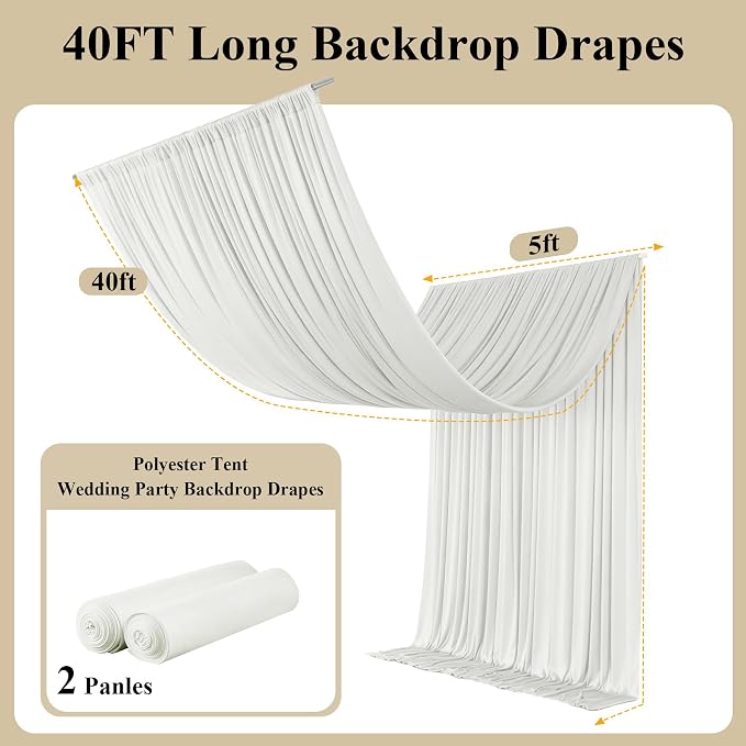 10x40ft Ivory Ceiling Drapes, 2 Panels 40ft Height Wrinkle-Free Tent Draping Curtains for Wedding Party Tent Canopy Arch Backdrop Decorations