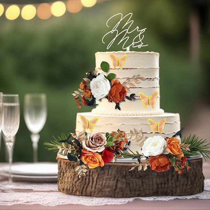 Leinuosen 14 Pcs Wedding Cake Flowers Set Include 3 Burnt Orange Flowers for Cake Decorating 1 Wood Mr & Mrs Toppers 10 Butterfly Decoration Cakes Topper for Wedding Anniversary Birthday Party Decor