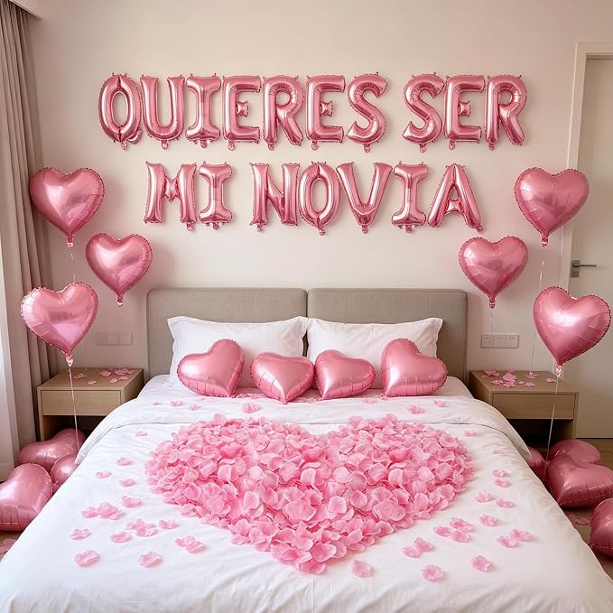 2 Set Pink QUIERES SER MI NOVIA Balloons - 1200pcs Pink Artificial Rose Petals 34pcs 16" Letter Balloons 10pcs 18" Heart Balloon Alphabet Foil Mylar Balloon for Valentines Day Decorations