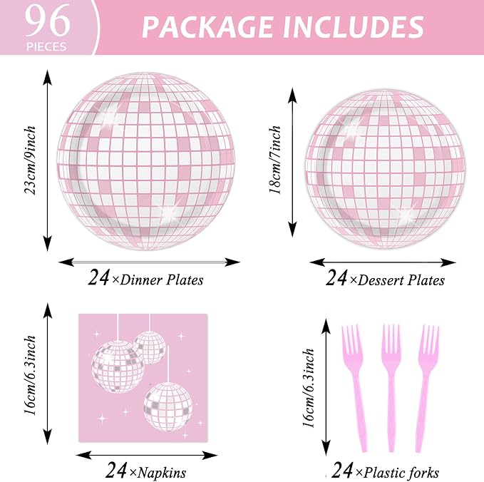 96PCS Pink Silver Disco Party Plates Napkins Disco Birthday Decoration 70s Theme Disposable Paper Cake Tableware Serve 24 Guests Women Girls Baby Shower Bachelorette Wedding Birthday Party Favor