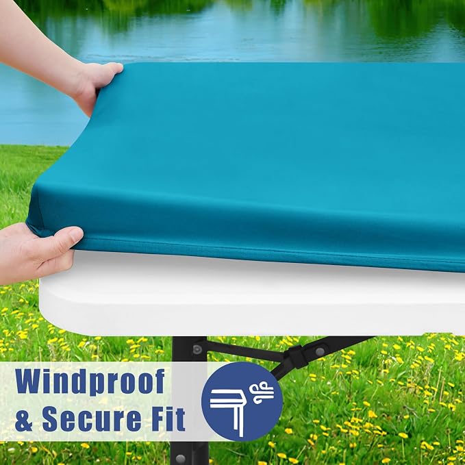 Moosfor Spandex 8 Foot Rectangle Table Cloth 6 Pack, Elastic Fitted Tablecloths for Picnic, Stretch Washable Patio Table Cover for Outdoor, Camping, Banquet and Parties (Teal, 30"x96")