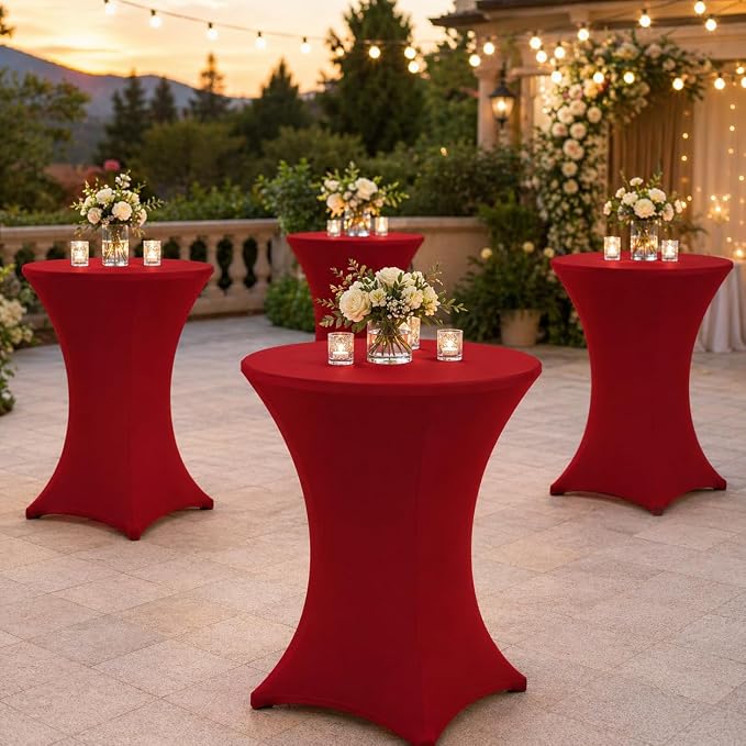 Cocktail Table Covers - 2 Pack 32x43 Inch Table Cloth - Red Fitted Stretch Spandex Round High Top Tablecloth for Party, Bar, Birthday, Pub, Banquet