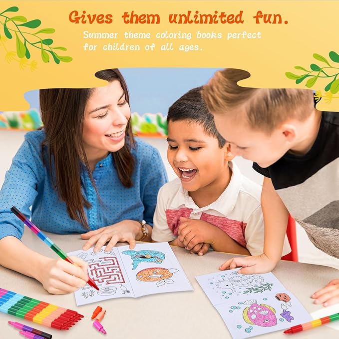 BenLouis 24 Summer Mini Coloring Books Kids with 24 Stacking Crayons Beach Pool Party Favors Activity Books Bulk for Kids Summer Birthday Goodie Bag Gift Stuffer Classroom Reward