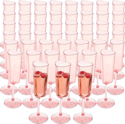 JLYLOL 48 PCS Heart Shaped Champagne Flutes, 5.5OZ Plastic Champagne Glasses, Unique Wedding Toasting Glasses, Elegant Stemmed Drinking Cups Plastic Goblets for Celebrations Anniversary Bride (Pink)