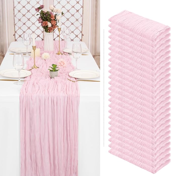 Showgeous 24 Pack Pink Cheesecloth Table Runner, 10FT Long Semi-Sheer Boho or Rustic Gauze Table Runner Wedding Table Decor for Wedding Arch Draping Bridal Shower Holiday Party