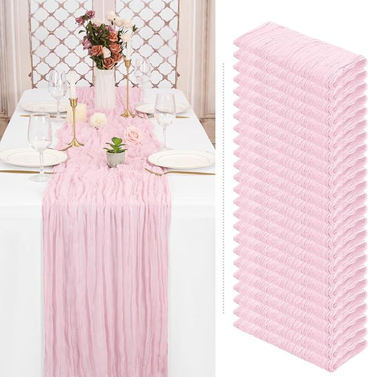 Showgeous 24 Pack Pink Cheesecloth Table Runner, 10FT Long Semi-Sheer Boho or Rustic Gauze Table Runner Wedding Table Decor for Wedding Arch Draping Bridal Shower Holiday Party