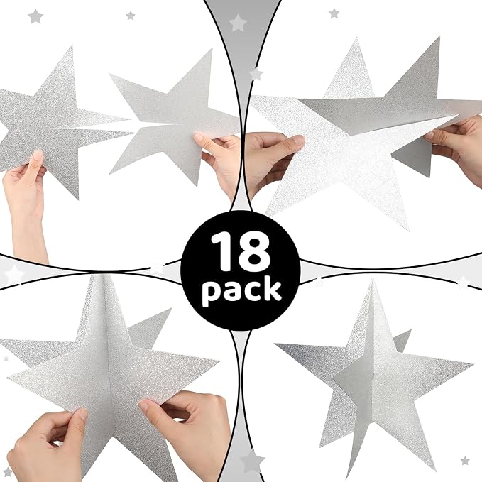 Sinload 18 Pcs Large 3D Glitter Star Decorations Back to School Work Silver Star Centerpiece Standing Hanging Decor for School Centerpiece Starry Movie Night Themed Party Decor
