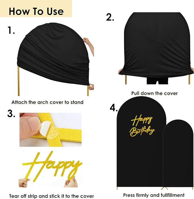 HAINARverS 6FT/7.2FT Black Arch Backdrop Cover Spandex with Glitter Gold Happy Birthday Sign for Wedding Birthday Party Ceremony Banquet Decoration(Black)