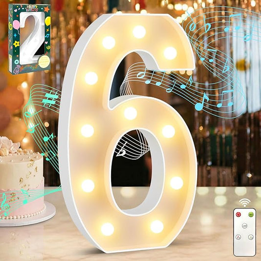 12.6 Inch LED Marquee Light Up Numbers with Happy Birthday Music, Remote Birthday Number Lights as Gifts for Girls Women Men, Lighted Marquee Numbers for Table Party Decorations, Number 6