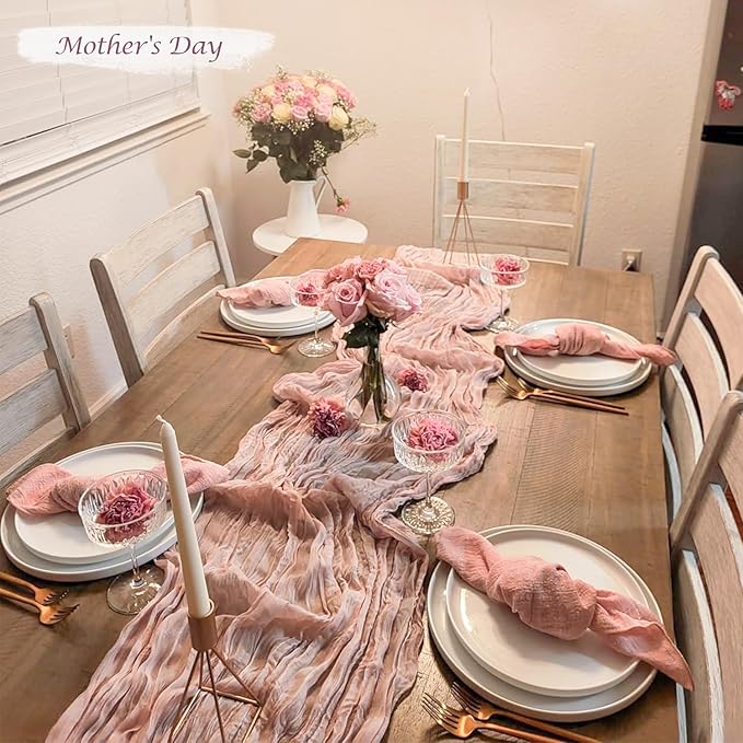 12 Pack Dusty Pink Cheesecloth Table Runner 35x120 Inches Spring Summer Boho 10FT Sheer Pink Cheese Cloth Table Runner for Wedding Baby Shower Tea Party Boho Home Decorations