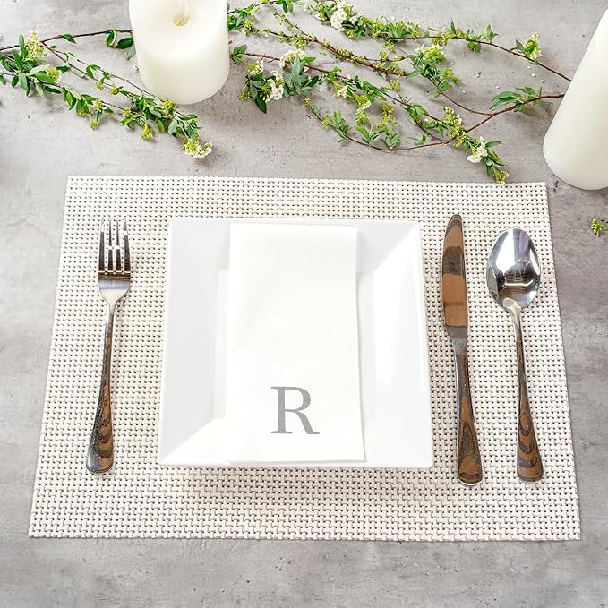 Luxenap 15.8 X 7.9 Inch Linen-Feel Guest Towels, 50 Lettered Hand Towels - Silver Letter 'R', Sans Serif Font, White Paper Dinner Napkins, airlaid, For Restrooms And Tables - Restaurantware