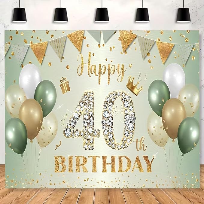 Sage Green 40th Birthday Backdrop Gold Balloons Glitter Dots Background Anniversary Decorations 40th Birthday Sign for Men Women Cake Table Supplles(B, 7X5FT)