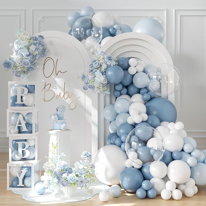 Dusty Blue Balloon Baby Shower Decorations for Boy, 140Pcs Blue Balloon Arch Garland Kit Baby Boxes with Letters for Boy Boho Baby Shower Gender Reveal Birthday Party Decorations