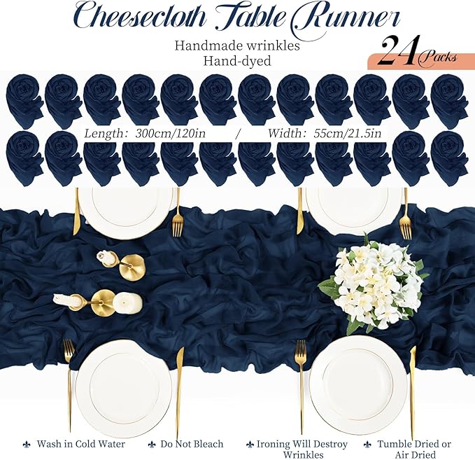 Teruntrue 24 Packs Navy Blue Cheesecloth Table Runner,10ft Rustic Gauze Boho Wedding Table Runner Decoration, Wedding Table Decor Sheer Table Runner for Wedding Party Bridal Shower Table