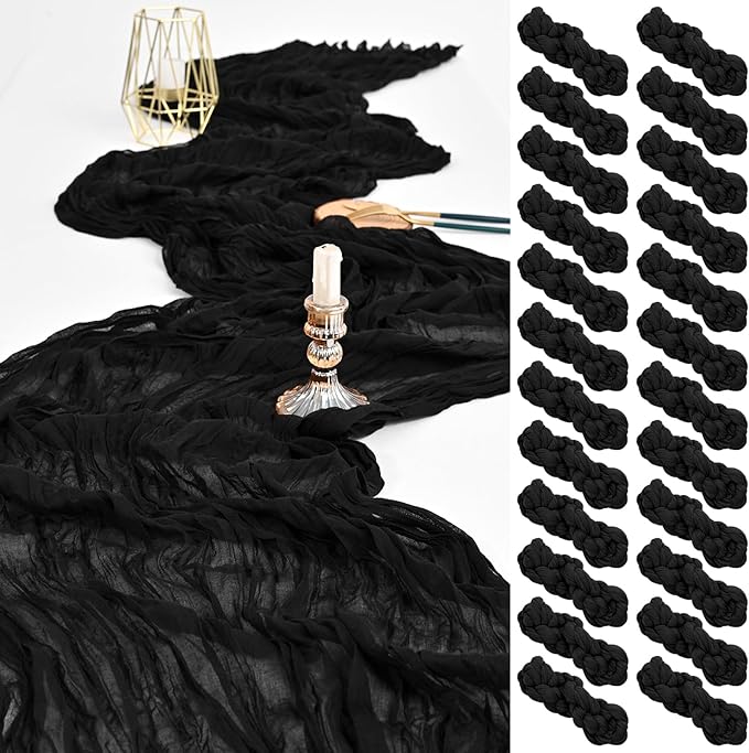 24 Pack Black Cheesecloth Table Runners,10FT Boho Gauze Table Runner,35x120inch Rustic Table Runner for Wedding Party Bridal Shower Thanksgiving Christmas Boho Table Decoration