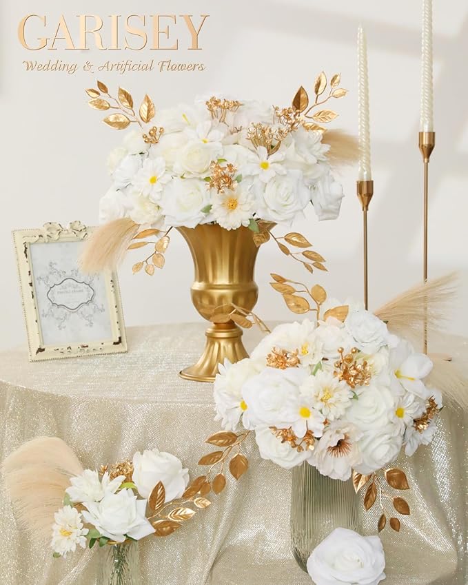 Garisey Artificial Flowers Combo, Mix Silk Flowers Roses, Peonies, Dahlias with Stems for DIY Wedding Bridal Bouquets, Baby Shower, Table Centerpieces, Home Decor, Fake Floral Arrangements-White