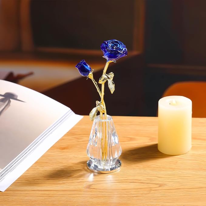 Arikyrist Crystal Rose Flowers Figurines Home Decor, Blue Glass Flowers with Stems, Collectible Figurines Crystal Rose Flower Gifts for Women on Mother's Day Valentine