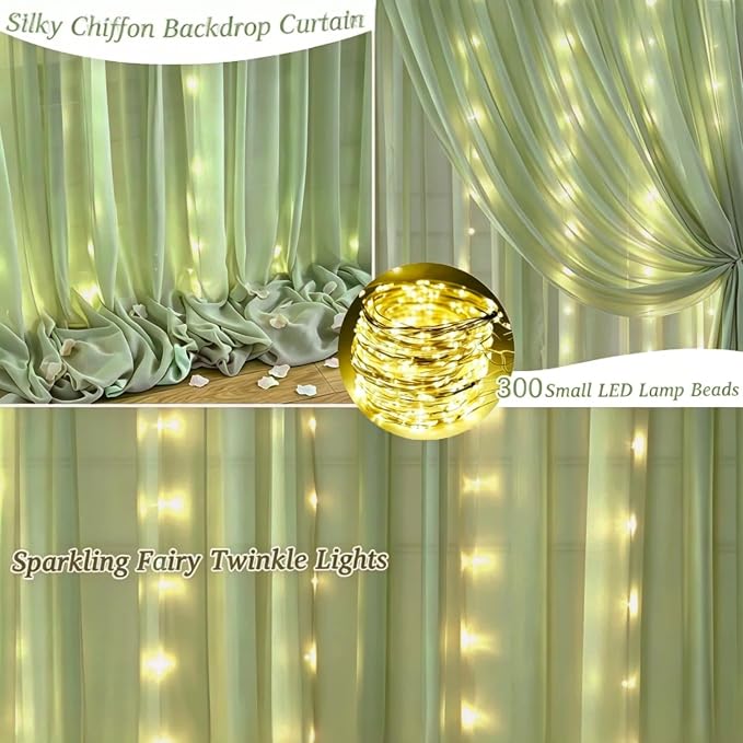 10ft x 10ft Sage Green Chiffon Backdrop Curtain with Lights String for Parties,2 Panels Sheer Tulle Curtain Wedding Backdrop for Baby Shower Birthday Party Ceremony Reception Home Decorations