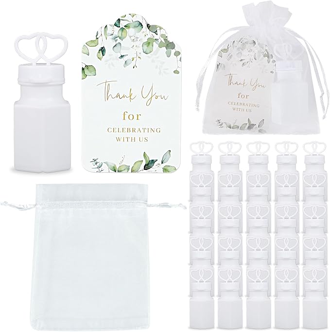 WAYASDCU 100 Sets Wedding Party Favors White Mini Bubble Bottles Greeting Card Goodie Bag Wedding Bubbles for Guests, Anniversary, Engagement, Celebration